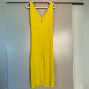 Zara NWOT Ruched V-Neck Yellow Midi Slit Dress